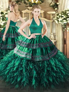 Glamorous Dark Green Two Pieces Halter Top Sleeveless Organza Floor Length Zipper Appliques and Ruffles Sweet 16 Dress