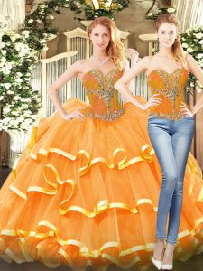 Beauteous Orange Red Lace Up Sweetheart Beading and Ruffled Layers Sweet 16 Dresses Organza Sleeveless