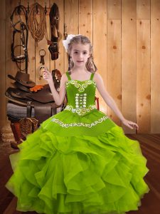 Floor Length Lace Up Little Girls Pageant Dress Olive Green for Sweet 16 and Quinceanera with Embroidery and Ruffles