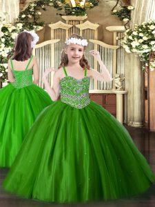 Green Sleeveless Tulle Lace Up Little Girl Pageant Gowns for Party and Quinceanera