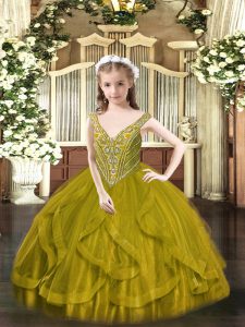 Olive Green V-neck Neckline Beading and Ruffles Little Girl Pageant Dress Sleeveless Lace Up