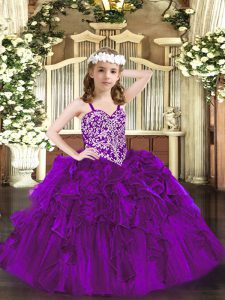 Floor Length Purple Kids Pageant Dress Straps Sleeveless Lace Up