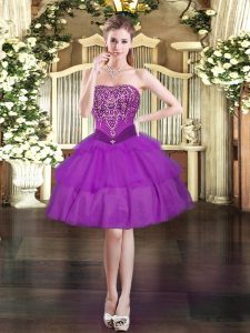 Discount Purple Ball Gowns Beading and Ruffled Layers Prom Evening Gown Lace Up Organza Sleeveless Mini Length