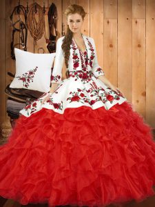 Admirable Red Tulle Lace Up Sweetheart Sleeveless Floor Length Ball Gown Prom Dress Embroidery and Ruffles