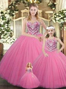 Pretty Rose Pink Ball Gowns Tulle Sweetheart Sleeveless Beading Floor Length Lace Up 15th Birthday Dress