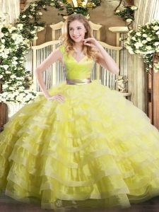 V-neck Sleeveless Quince Ball Gowns Floor Length Ruffled Layers Yellow Green Organza