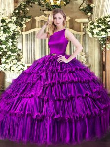 Stylish Eggplant Purple Ball Gowns Ruffled Layers Ball Gown Prom Dress Clasp Handle Organza Sleeveless Floor Length