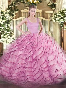 Rose Pink Organza Zipper Straps Sleeveless Sweet 16 Quinceanera Dress Brush Train Ruffled Layers