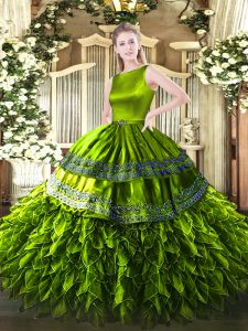 Custom Designed Floor Length Olive Green Ball Gown Prom Dress Satin and Organza Sleeveless Ruffles
