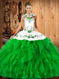 Edgy Green Sleeveless Satin and Organza Lace Up Sweet 16 Dress for Military Ball and Sweet 16 and Quinceanera
