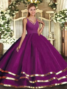 Suitable Ball Gowns Sweet 16 Dress Purple V-neck Organza Sleeveless Floor Length Backless