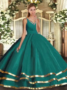 Chic Turquoise V-neck Neckline Ruffled Layers Quinceanera Gowns Sleeveless Backless