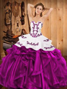 Beauteous Fuchsia Strapless Lace Up Embroidery and Ruffles Sweet 16 Quinceanera Dress Sleeveless