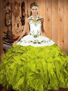 Exceptional Satin and Organza Halter Top Sleeveless Lace Up Embroidery and Ruffles 15 Quinceanera Dress in Olive Green