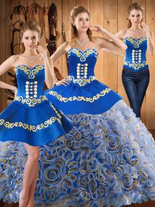 Strapless Sleeveless 15 Quinceanera Dress With Train Sweep Train Embroidery Multi-color Satin and Fabric With Rolling Fl