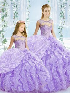 Modern Sleeveless Floor Length Beading and Ruffles Lace Up Quinceanera Gowns with Lavender