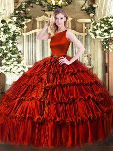 Traditional Scoop Sleeveless Quinceanera Gown Floor Length Ruffled Layers Wine Red Organza