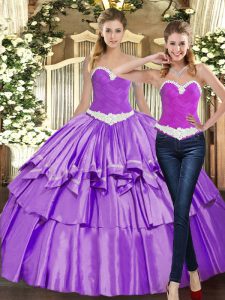 Free and Easy Sleeveless Floor Length Appliques and Ruffles Lace Up Quinceanera Gown with Eggplant Purple