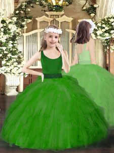 Floor Length Green Pageant Gowns For Girls Tulle Sleeveless Beading and Ruffles