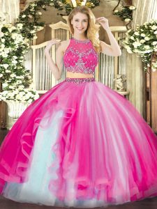 Elegant Hot Pink Sleeveless Beading and Ruffles Floor Length Quinceanera Gown