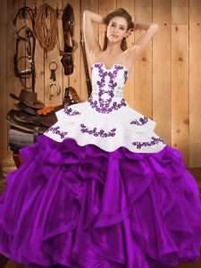 Strapless Sleeveless Quinceanera Dress Floor Length Embroidery and Ruffles Eggplant Purple Satin and Organza