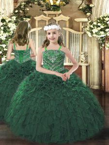 High Class Dark Green Ball Gowns Straps Sleeveless Organza Floor Length Lace Up Beading and Ruffles Evening Gowns