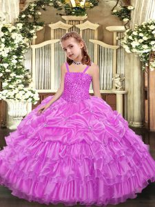Perfect Organza Sleeveless Floor Length Pageant Gowns For Girls and Beading and Ruffled Layers and Pick Ups