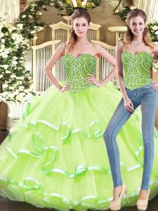 Comfortable Sweetheart Sleeveless Lace Up Quince Ball Gowns Yellow Green Organza