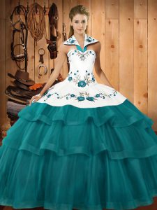 Clearance Teal Organza Lace Up Halter Top Sleeveless Quinceanera Gown Sweep Train Embroidery and Ruffled Layers