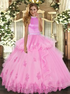 Custom Design Rose Pink Sleeveless Tulle Backless Sweet 16 Dress for Military Ball and Sweet 16 and Quinceanera