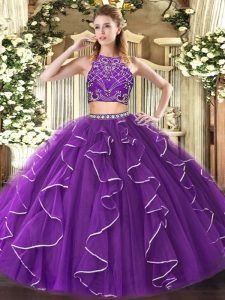 Glittering Purple Two Pieces Tulle High-neck Sleeveless Beading and Ruffles Floor Length Zipper Quinceanera Dress
