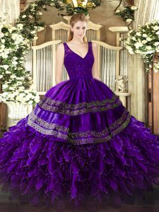 Graceful Purple V-neck Zipper Beading and Ruffles Ball Gown Prom Dress Sleeveless