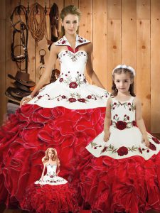 Red Halter Top Lace Up Embroidery and Ruffles Quinceanera Gown Sleeveless