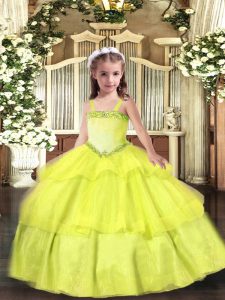 Nice Yellow Straps Neckline Appliques and Ruffled Layers High School Pageant Dress Sleeveless Lace Up