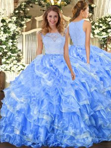 Scoop Sleeveless Quinceanera Gown Floor Length Lace and Ruffled Layers Light Blue Organza