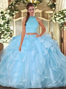Dazzling Floor Length Two Pieces Sleeveless Light Blue Quinceanera Dress Backless