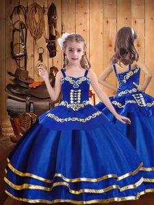 High Quality Royal Blue Ball Gowns Organza Straps Sleeveless Beading and Embroidery and Ruffled Layers Floor Length Lace