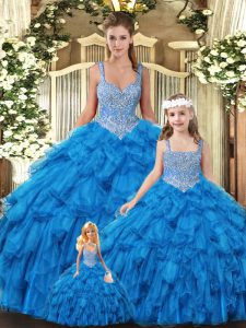 Teal Scoop Lace Up Beading and Ruffles Quinceanera Dresses Sleeveless