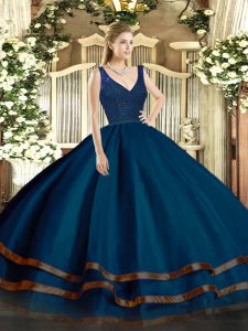 Stunning Navy Blue Ball Gowns Organza V-neck Sleeveless Beading and Lace and Ruffled Layers Floor Length Backless 15th B