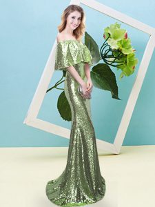 New Arrival Floor Length Yellow Green Prom Gown Sequined Half Sleeves Sequins