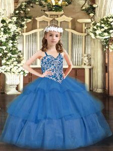 New Arrival Baby Blue Straps Lace Up Beading and Ruffled Layers Little Girl Pageant Dress Sleeveless
