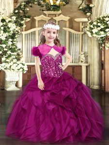 Fuchsia Ball Gowns Organza Straps Sleeveless Beading and Ruffles Floor Length Lace Up Pageant Dress for Teens