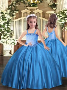 Floor Length Baby Blue Pageant Gowns For Girls Straps Sleeveless Lace Up