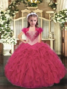 Adorable Sleeveless Beading and Ruffles Lace Up Pageant Gowns For Girls