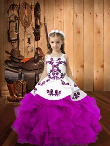 On Sale Fuchsia Organza Lace Up Kids Formal Wear Sleeveless Floor Length Embroidery and Ruffles