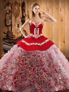 Multi-color Satin and Fabric With Rolling Flowers Lace Up Sweetheart Sleeveless With Train Quince Ball Gowns Sweep Train