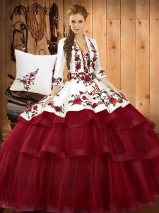 Customized Wine Red Sweetheart Lace Up Embroidery Sweet 16 Dresses Sweep Train Sleeveless