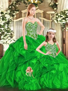 Green Organza Lace Up 15 Quinceanera Dress Sleeveless Floor Length Beading and Ruffles
