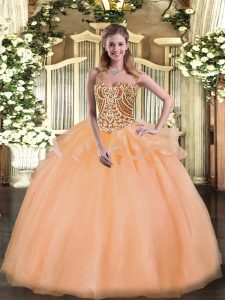 Vintage Peach Ball Gowns Beading and Ruffles 15th Birthday Dress Lace Up Tulle Sleeveless Floor Length