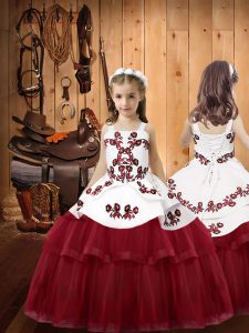Burgundy Sleeveless Floor Length Embroidery Lace Up Little Girl Pageant Dress